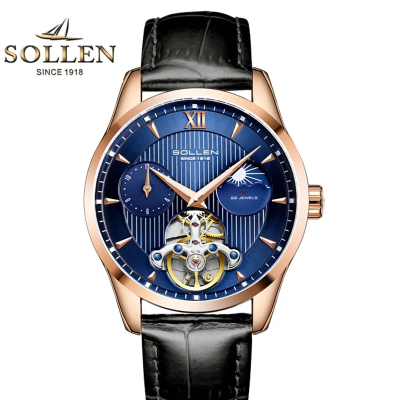 Luxury Brand Switzerland SOLLEN Automatic Mechanical Men's Watches Sapphire Dual Time Zone Luminous Moon Phase Clocks SL302X