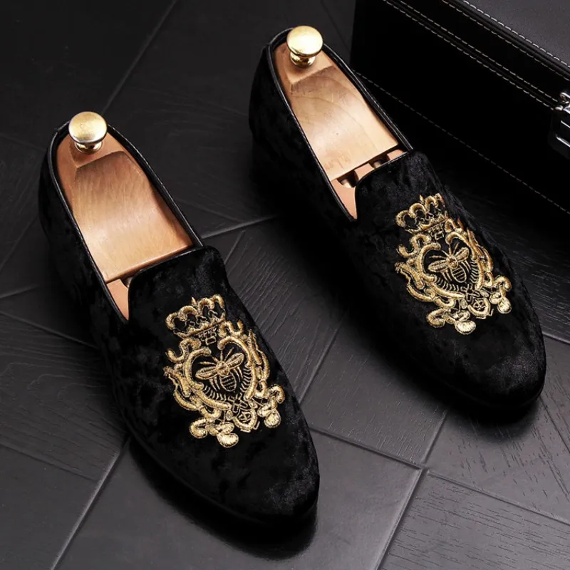 

NEW Men's velvet loafers, embroidered bees Casual British Dress Shoes Men's Flats Wedding and Party Shoes b8