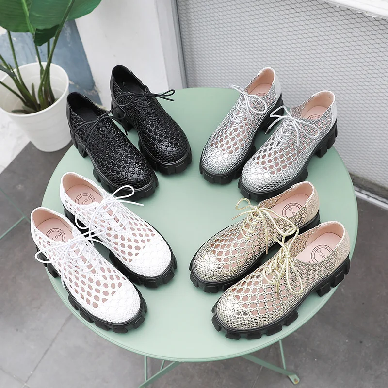 GKTINOO New Genuine Leather Women Shoes Spring/summer Hollow Breathable Flat Platform Shoes Woven Hole Handmade Shoes Woman