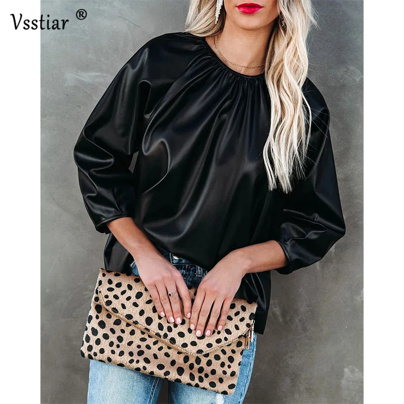 Long Sleeve Casual Women's Blouse 2022 Summer Fashion Patent Leather Woman Tops Black O Neck PU Shirts