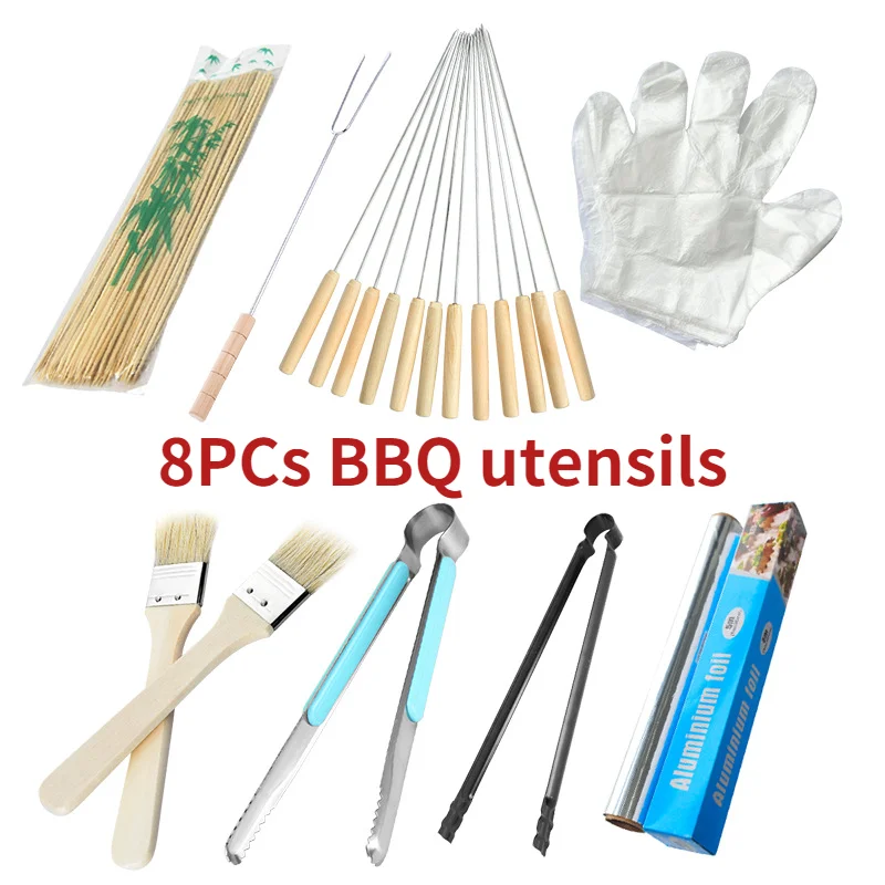 

8PCs Outdoor barbeque accessories contains grill brush roast needle disposable gloves and other bbq tools home kitchen stuff