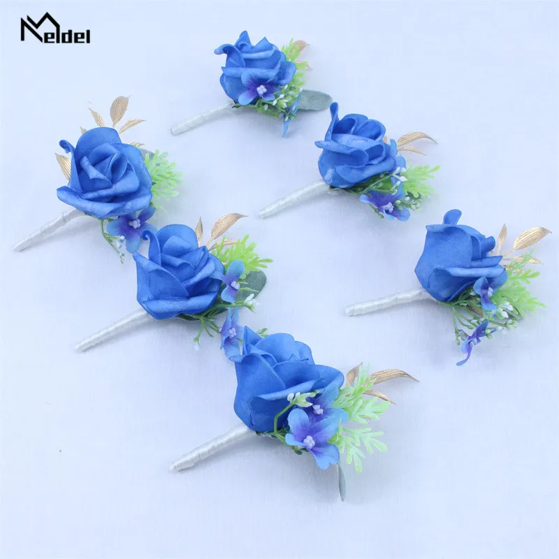 Meldel Wedding Prom PE Corsage Ceremony Flower Brooch Wedding Boutonnieres Groom Groomsmen Buttonhole Flowers Boutonniere 6PCS