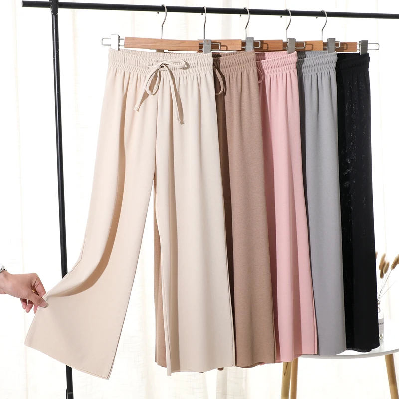 

Slacks Women's Loose Summer Pants Soft Ice Silk Ankle-Length Black Wide Leg Pants Grey Khaki Women High Waisted Trousers 2024