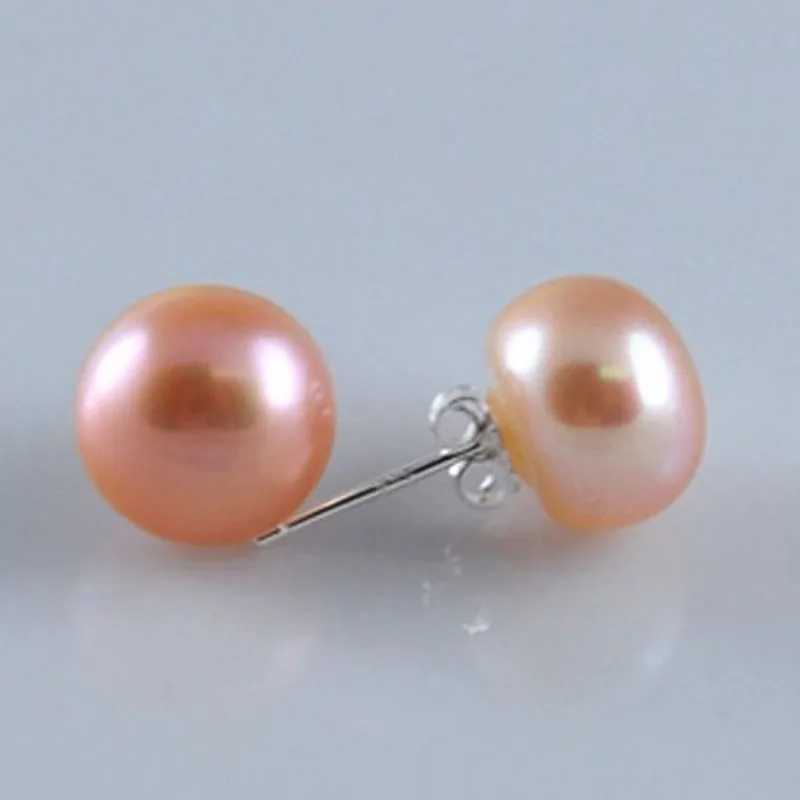 Wholesale 9-10mm Natural Pink Cultured Fresh Water Button Pearl 925 Silver Stud Earring