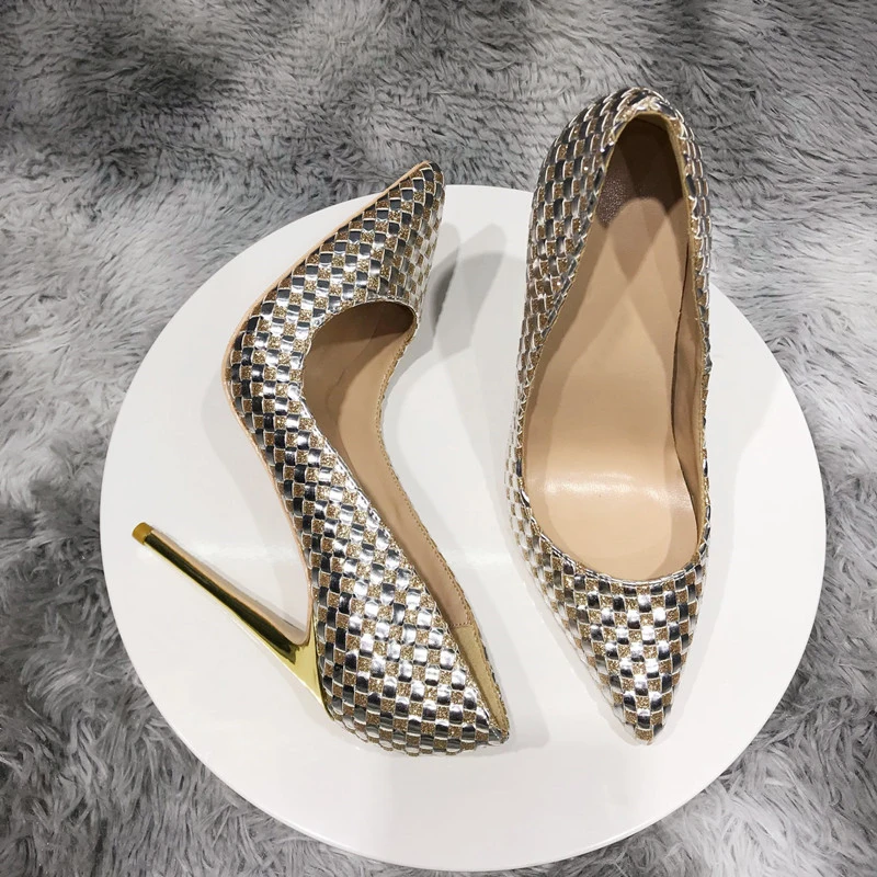 Gold knit lattice women pump 12cm high heeled shallow pointed toe woman shoes party spring wedding 10cm 8cm QP109 ROVICIYA