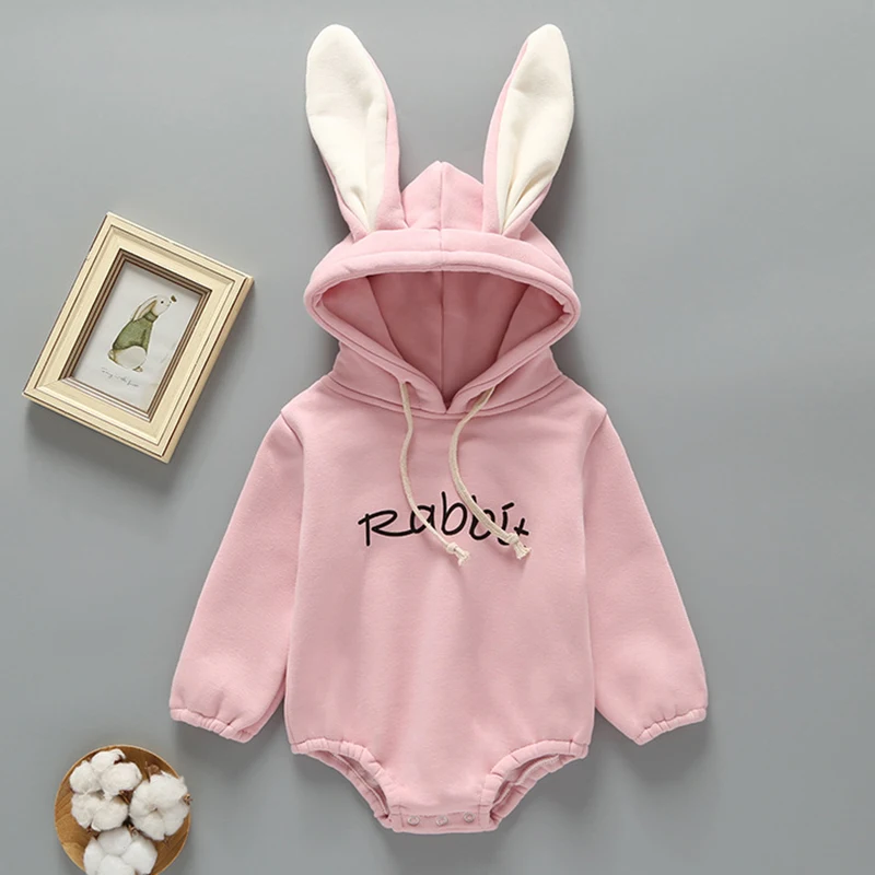 New Autumn Winter Newborn Infant Baby Romper Baby Girls Boys Rabbit\'s Ears Hooded Romper Baby Add Wool Upset Jumpsuit Clothes