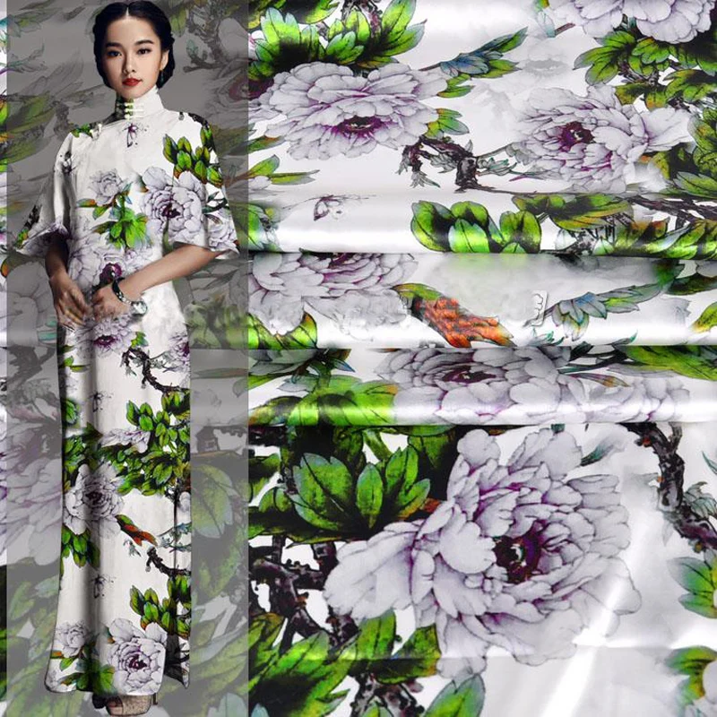 Floral Satin Silk Fabrics 5% Elastic 95% mulberry silks Material Dress White Peony Printed Textile wide Fabric For Sewing Cloth