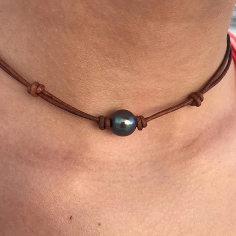 Tahitian black pearl,australian leather, adaptable men necklace knotted leather choker, leather and pearl choker