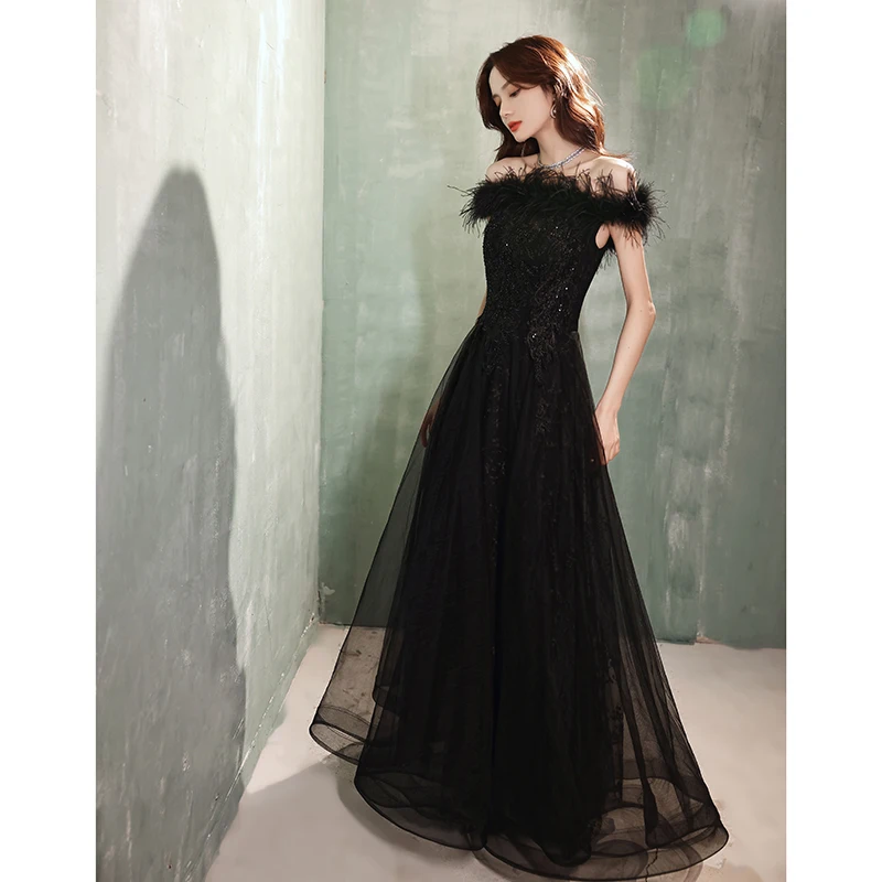 Off The Shoulder Evening Dress New Black Feather Mesh Slim Banquet Party Dress Elegant Long Formal Gowns Robe De Soiree