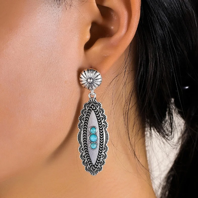 2021 Wholesale New European and American Retro Bohemian Turquoise Earrings Geometric Carved Exaggerated Earrings