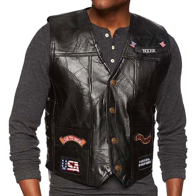 Motocycle Vest Men\'s Stitching Sheepskin Leather Waistcoat with Embroidered Badge Motocross Equipment Motocycle Jacket VL004