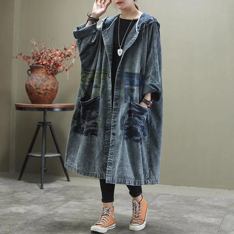 Spring Autumn New Arts Style Women Long Sleeve Loose Trench Coat Vintage Print Cotton Denim Hooded Long Coat High Quality M240