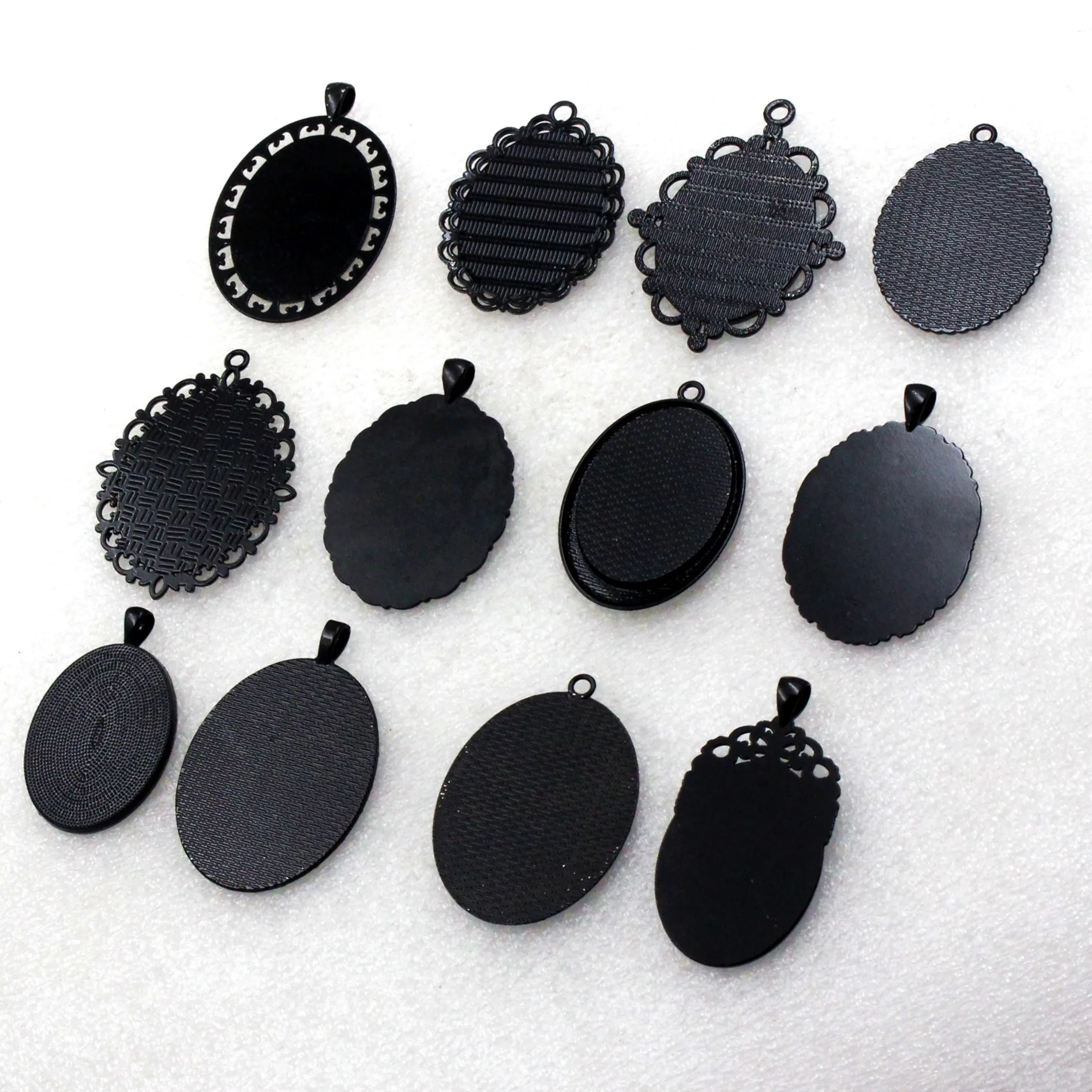 Fit 30x40mm Oval Cabochons Pattern Glass Cameos Black Frame Settings Bezel Tray For DIY Necklace Making Accessories 5pcs K06248