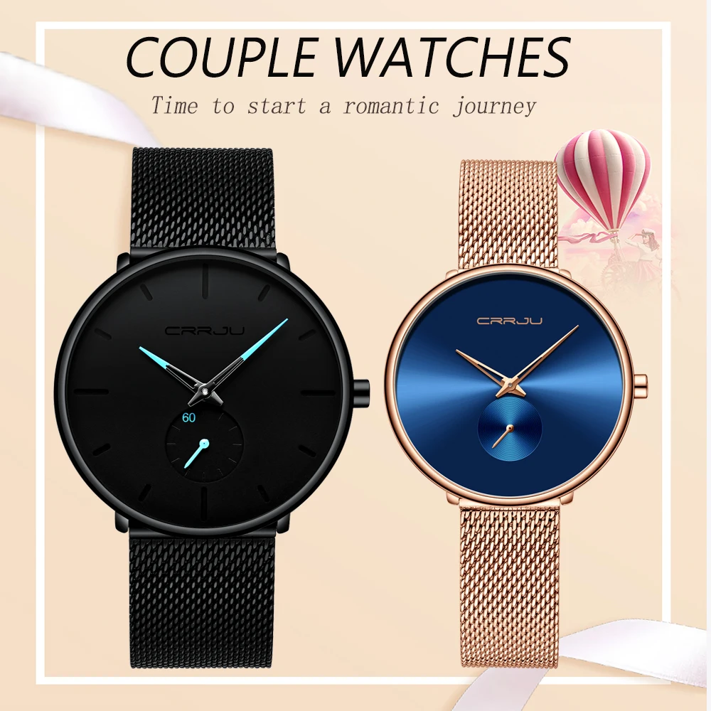 CRRJU – montres de Couple pour hommes et femmes, montre-bracelet à Quartz en acier inoxydable, ensemble de cadeaux à la mode