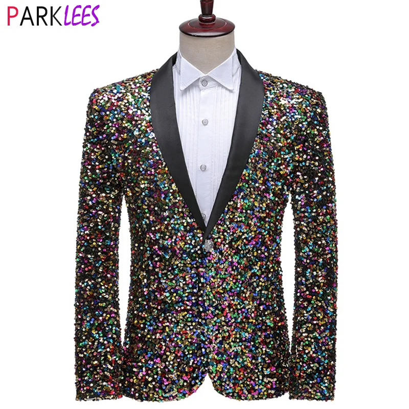 

Colorful Sequin Bling Glitter Suit Blazer Men Shawl Collar 1 Button Wedding Stage Singers Shiny Mens Suit Jacket Prom Costume