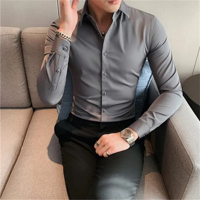 High Quality New Solid Dress Shirt Men Long Sleeve Fashion Slim Male Social Casual Business Shirt Black White Green Dress Shirt