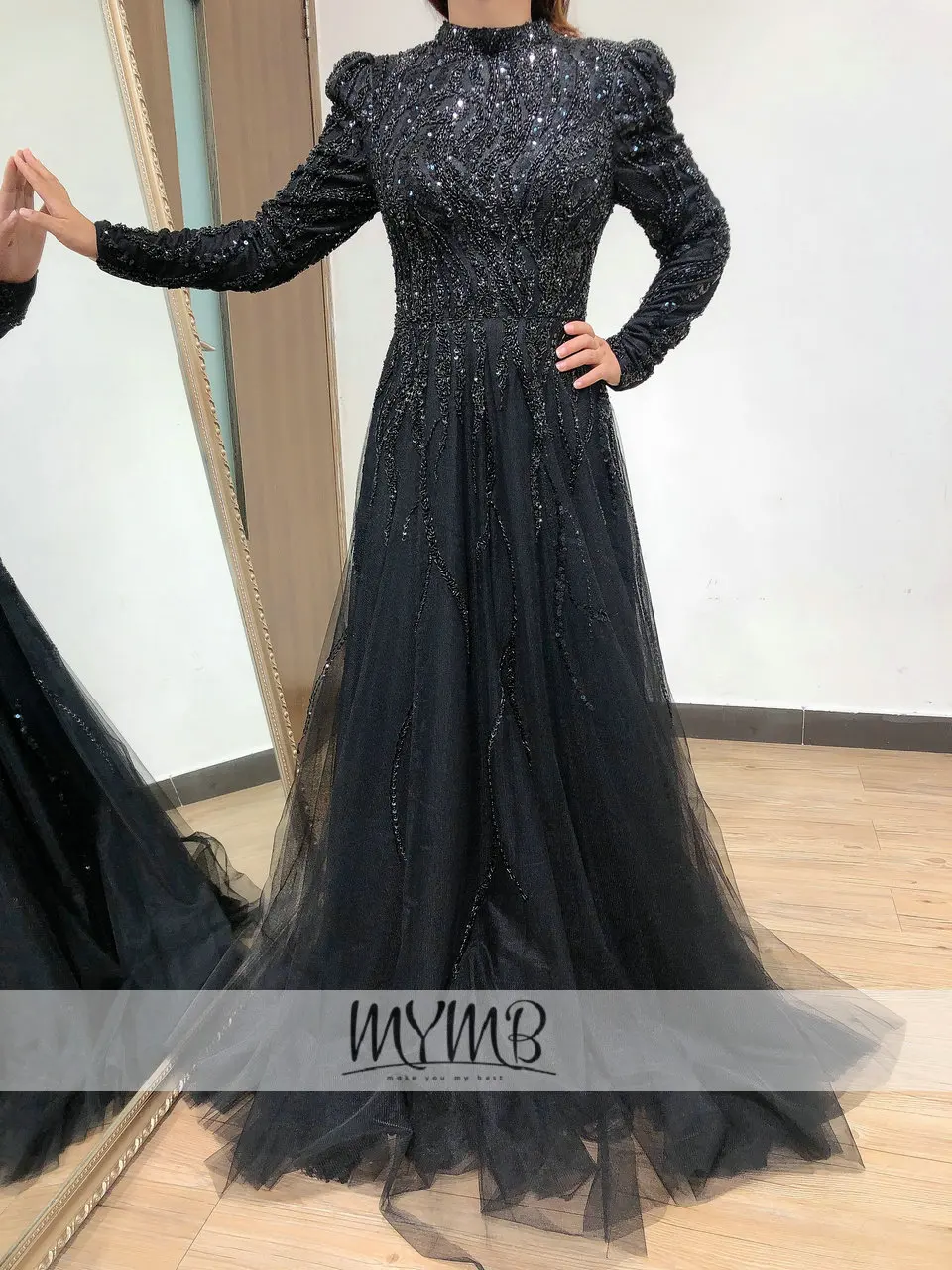 2022 New Year Party A Line Beading Muslim Evening Dress MYMB BRAND Long Sleeve Gold Mother Of Bride Couture Wedding Party Gown