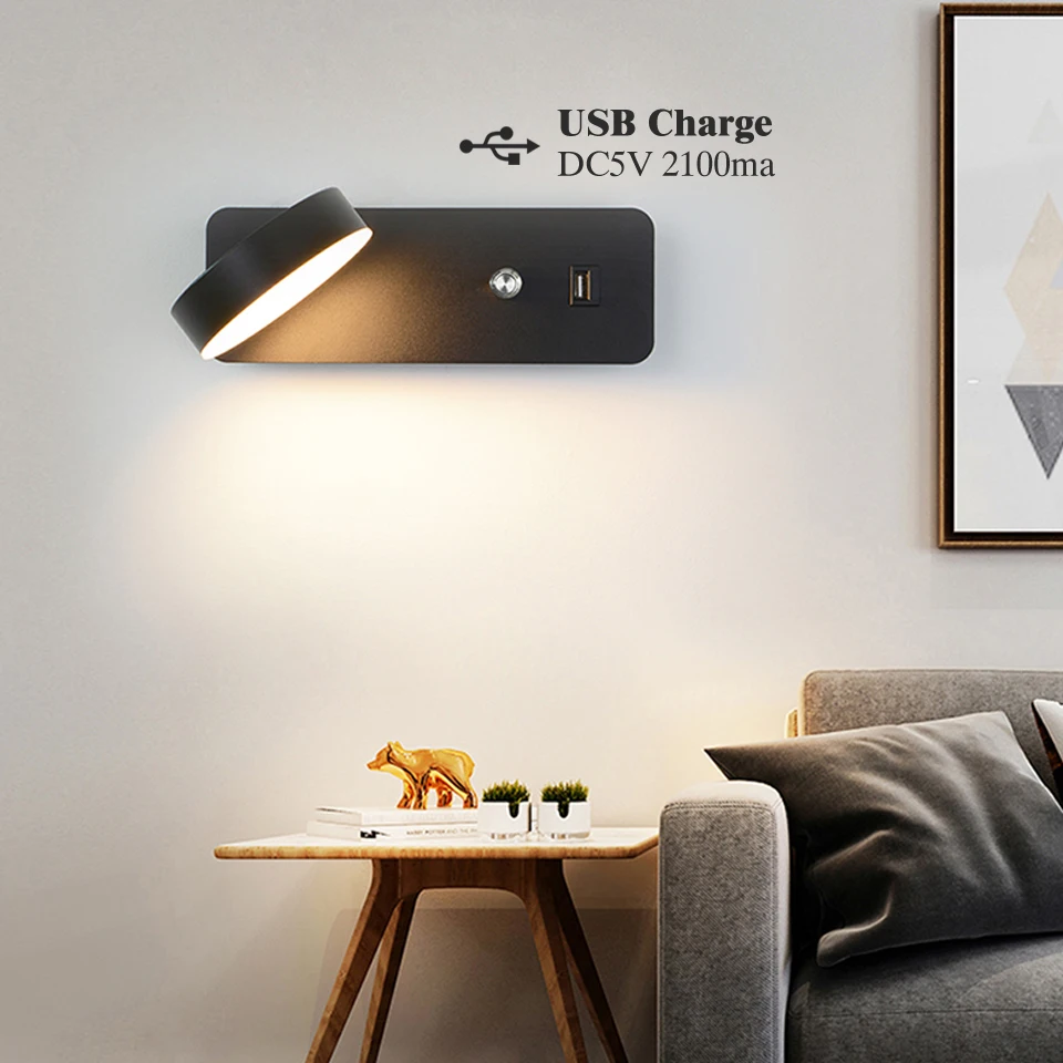 led indoor wall lamps with Switch USB Charge wall light 3 Color 9W lighting For home Bedside Stairway Sconce luminaria