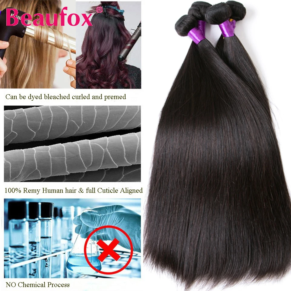 Beaufox-extensão natural do cabelo indiano remy, cabelo liso, com fechamento do laço, 3/4 pacotes