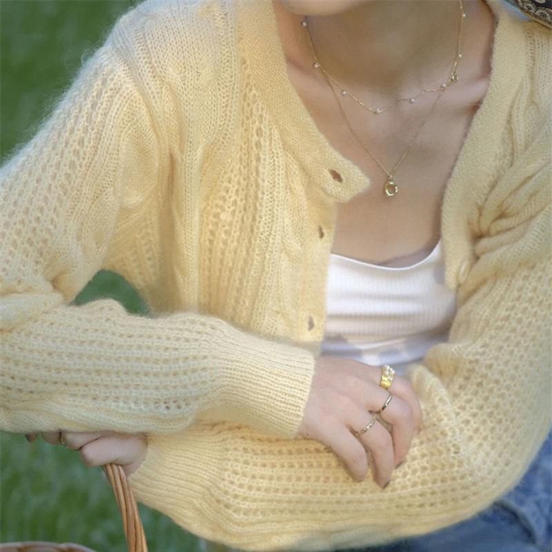 Limiguyue Women Mohair Knitted Cardigan Single-breasted Autumn Loose Knit Tops Casual Yellow White Long Sleeve Sweaters K2471