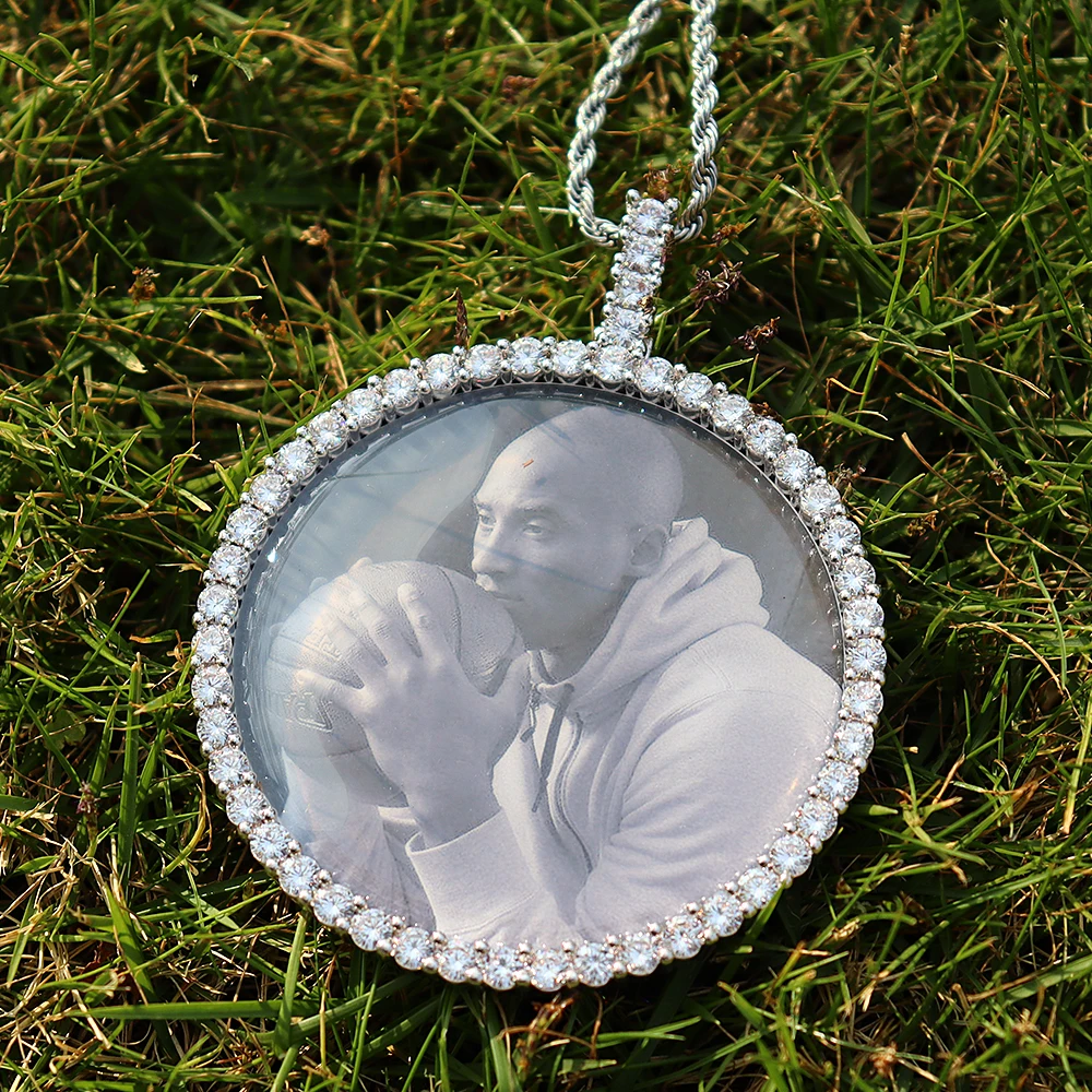 US7 New Custom Photo Pendant Big Size Solid Back 4mm Width Stones Side Hip Hop Jewelry Personalized Cubic Zircon Chains Gift