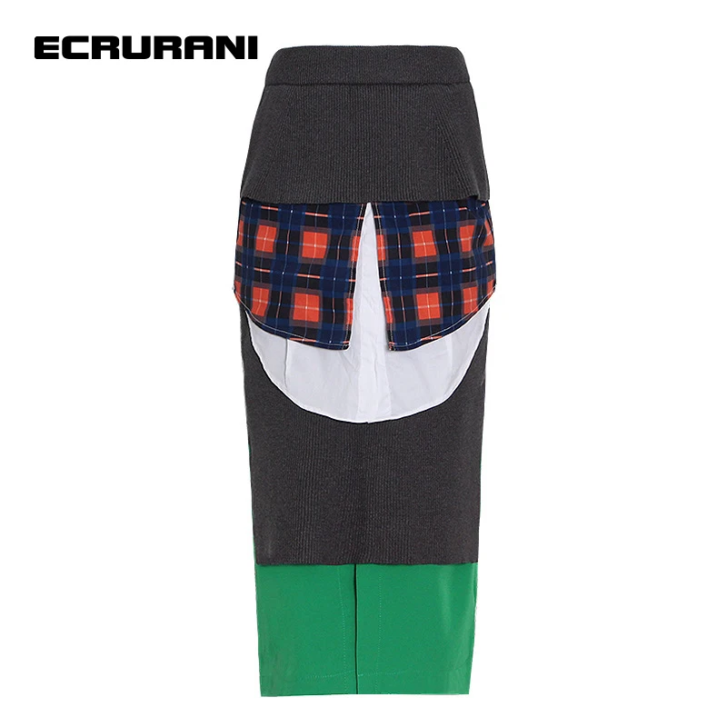 

ECRURANI Patchwork Plaid Skirt For Female High Waist Slimming Hit Color Irregular Casual Skirts Female 2022 Fashion New Clothing