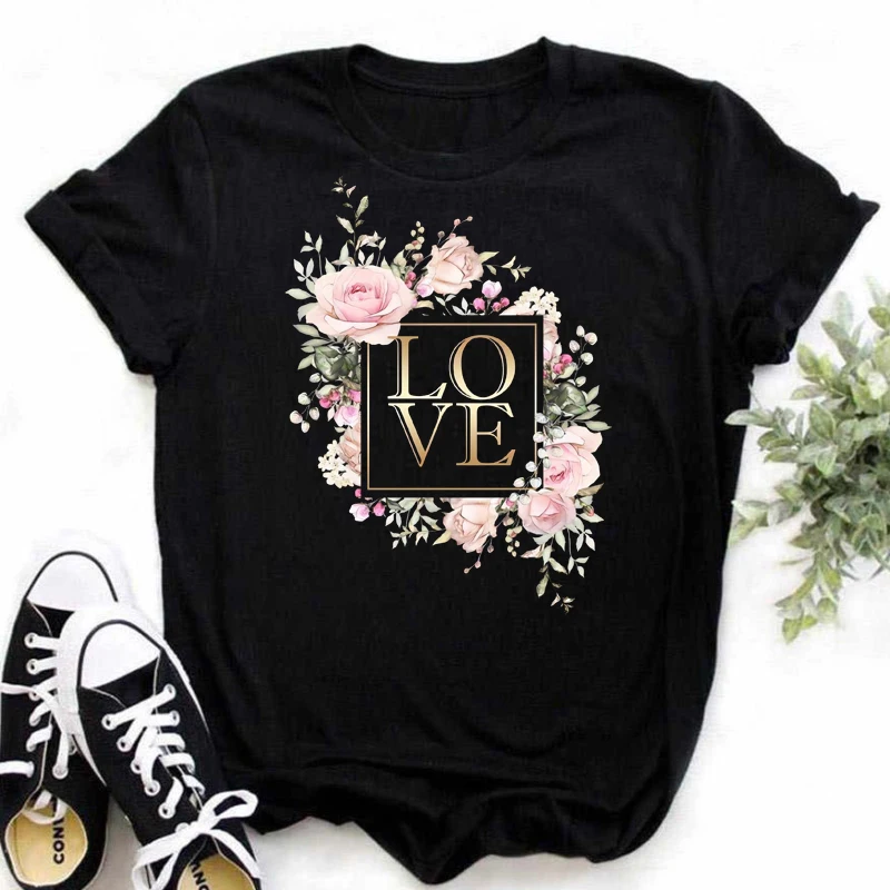 Maycaur Women T-shirts Floral Love T Shirt 90s Ladies Fashion Clothing Cartoon Clothes Short Sleeve Female Tees Valentine Tshirt