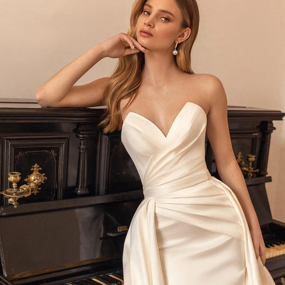 Robe de Mariée Sirène en Satin Sexy Personnalisée, avec Poignées, Traîne Amovible, Élégante, Col en Cœur, Fermeture Éclair, Dos aux, pour Femme