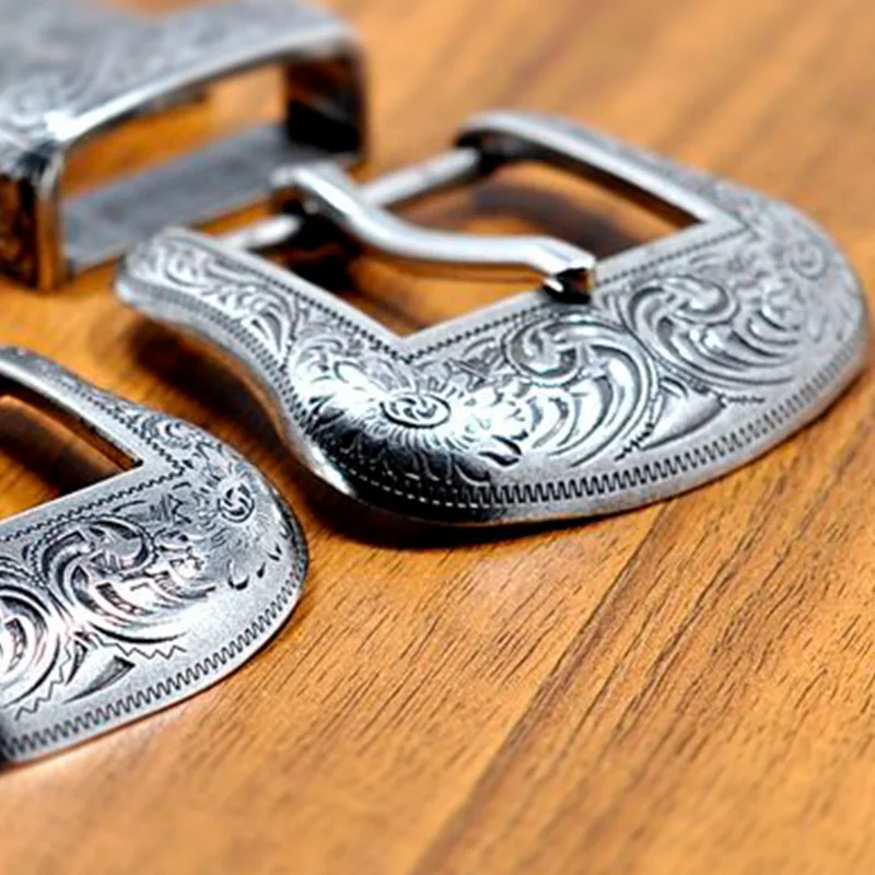 Ceinture en métal plaqué argent pour hommes, style vintage, boucle en relief, 3 pièces, bricolage, cuir, artisanat, 3 pièces, ensemble