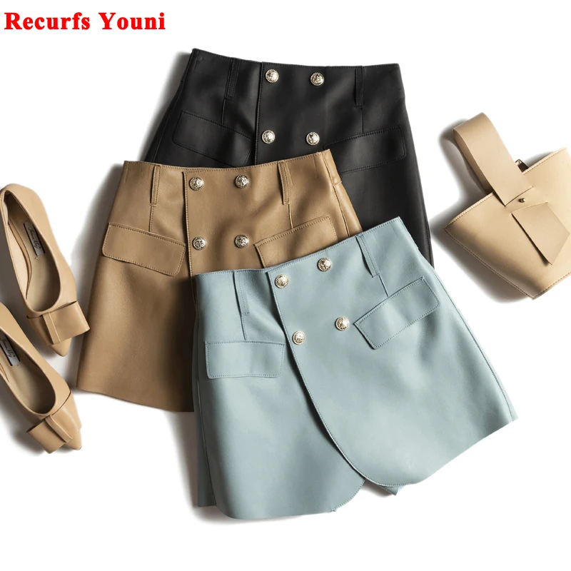 

2024 Lady Genuine Leather Skorts Women Chic Korean Style Culottes Skirt Femme Buttons Hip Sexy Streetwear Shorts With Pocket