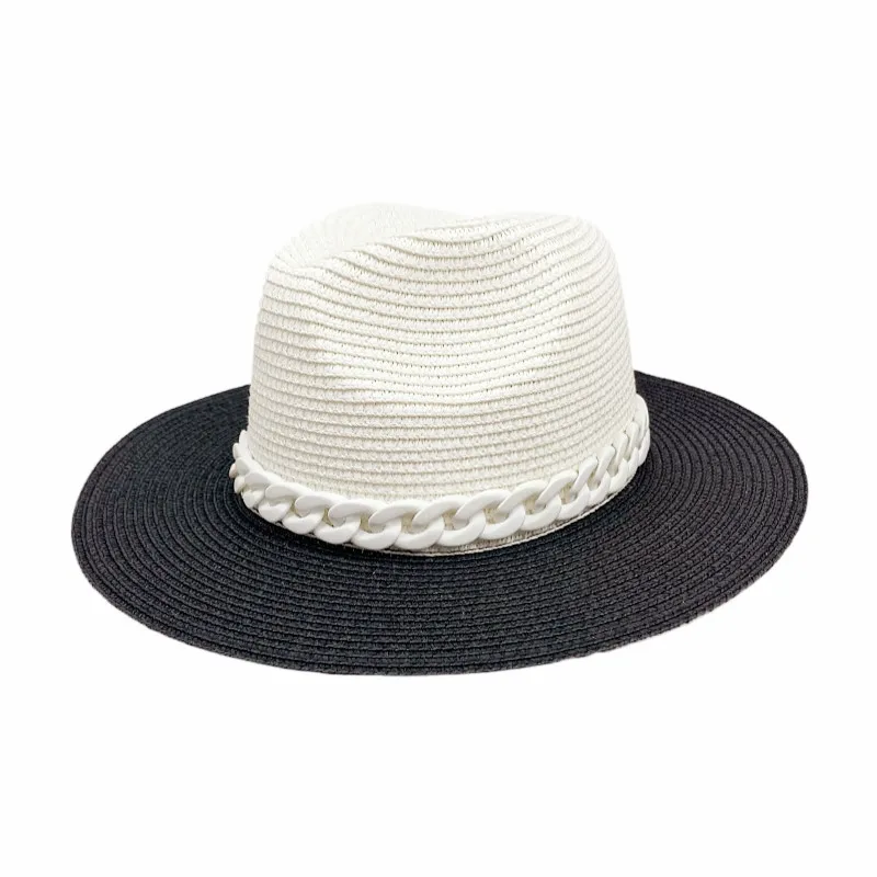 

Women Black White Patchwork Straw Sun Classic Beach Hat Wide Brim Panama Men UV Protection Cap chapeau femme 2021