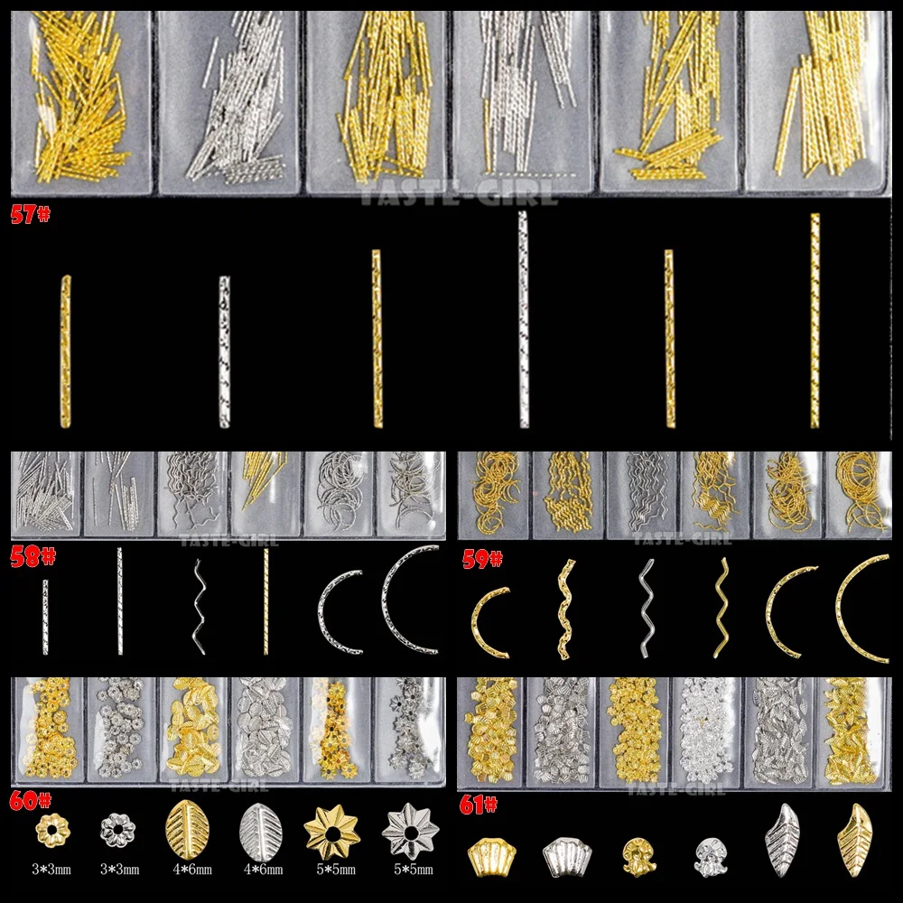 6Grids/Pack 3D Gold Silver Metal Mixed Twisted Bent Bar Stripes Leaf Nail Art Alloy Decorations Manicure Charms Gems