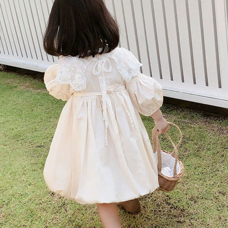 Spring Autumn Girls Dress Lace Collar Detachable Fairy Long Sleeve Princess Dress Baby Kids Clothes Children\'S Clothing