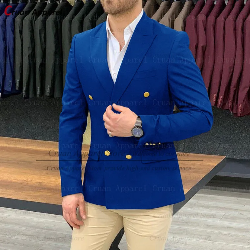 (One Blazer) Navy Blue Blazers for Men Formal Business Wedding Suit Jackets Casual Slim Double Breasted Gold Buttons Male Coat