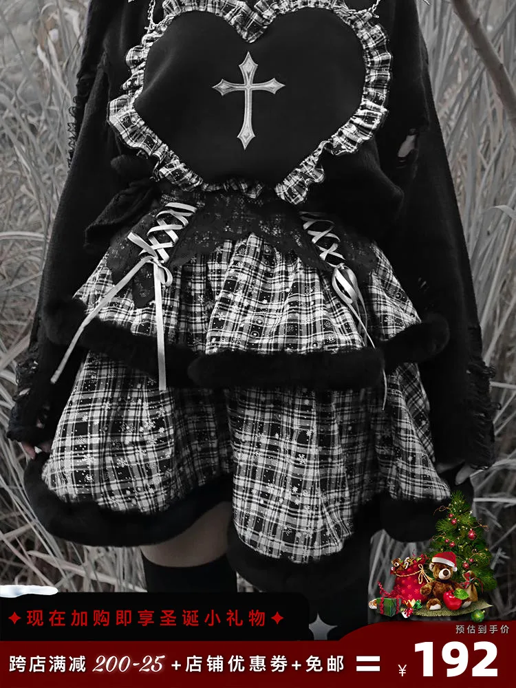 SALE!!!Blood Supply Original Japan Gothic Dark Women\'s Cake Skirt Winter Black White plaid Empire Lace-up Waist ball Gown Skirt