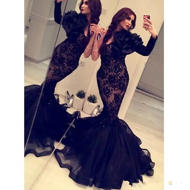 Arabic India Formal Mermaid Evening Dresses Long Sleeves Black Lace Organza Occasion Gowns Crystals Backless Cheap Prom Dress