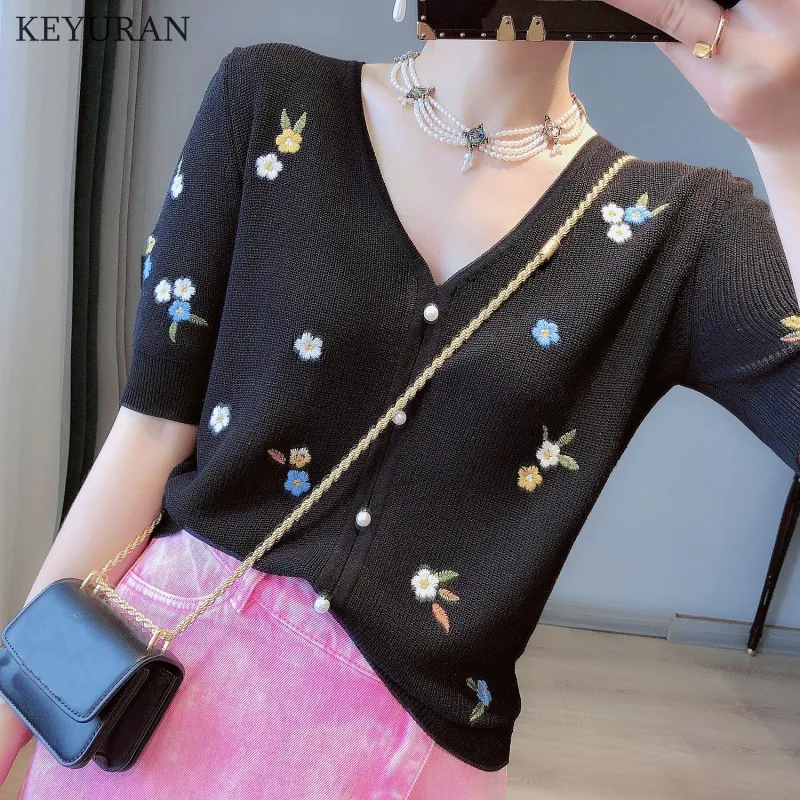 Floral Embroidery Thin Knitted Cardigan Sweater Summer Women Korean Chic V-neck Short Sleeve Single-breasted Ice Silk Top Female