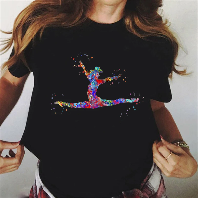 

Watercolor Gymnastics Girl Printed Black T Shirt Women Funny Tshirt Femme Summer Tops Female T-Shirt Harajuku Shirt Tops