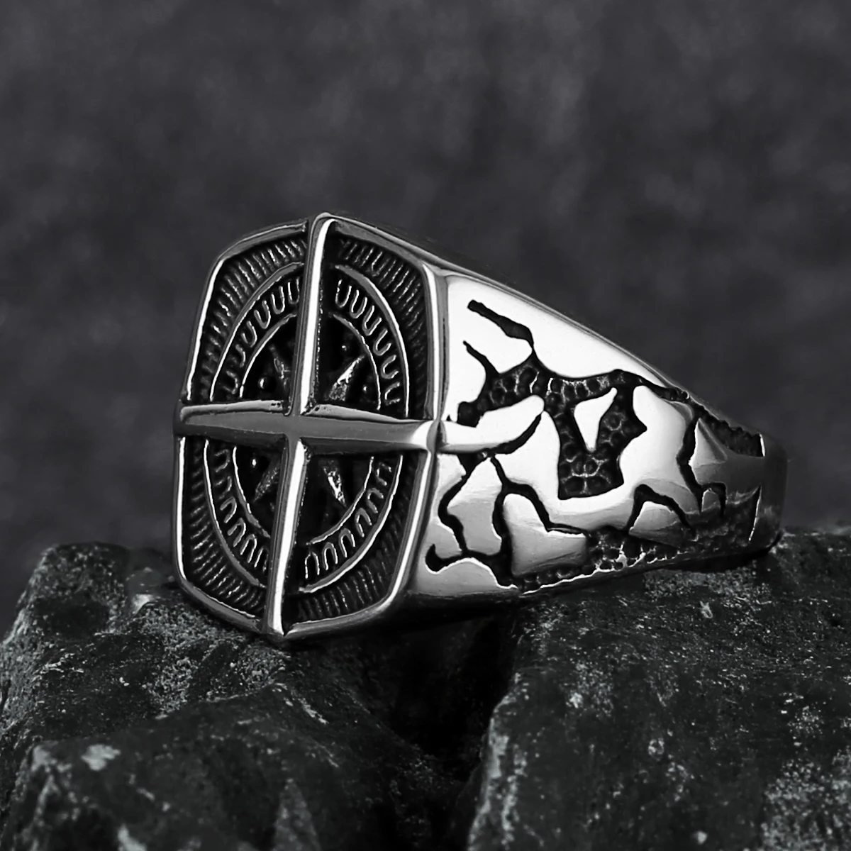 Vikings Cross Nautical Chart Amulet Ring Men\'s Stainless Steel Nordic Rune Ring Gift Biker Punk Hip Hop Jewelry