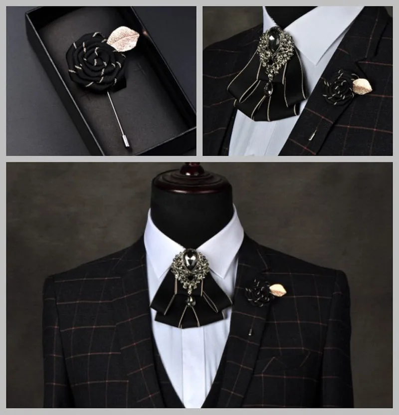 

New Free Shipping fashion casual Men's male Headdress tie groom wedding Rhinestone collar Club MC pocket towel long needle tie