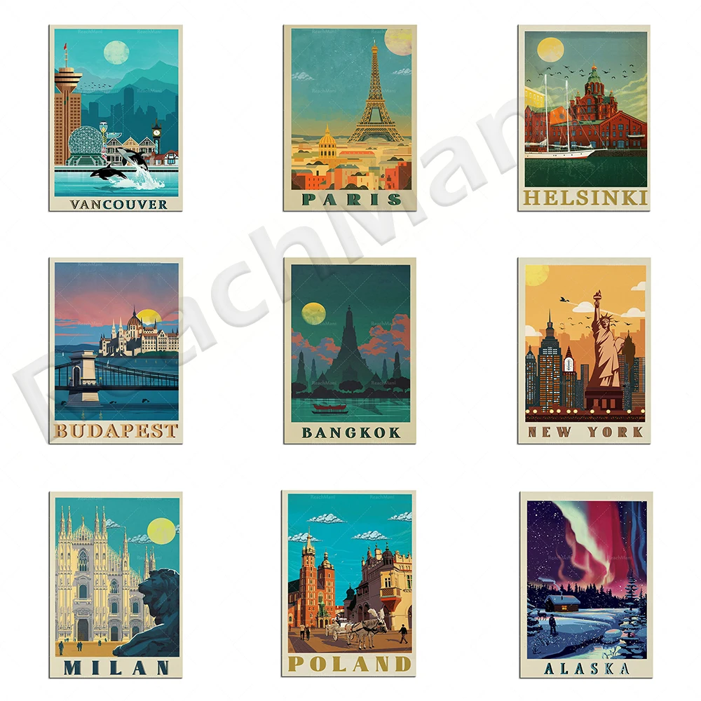 Alaska, Paris, Vancouver, New York, Milan, Poland, Thailand Bangkok, Helsinki, London, Budapest city travel poster gift printing