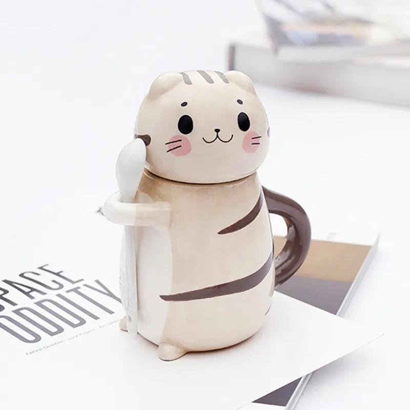 New Cute Cat Ceramics Coffee Mug With Spoon Creative Hand Painted Drinkware Milk Tea Cups Novelty Gifts