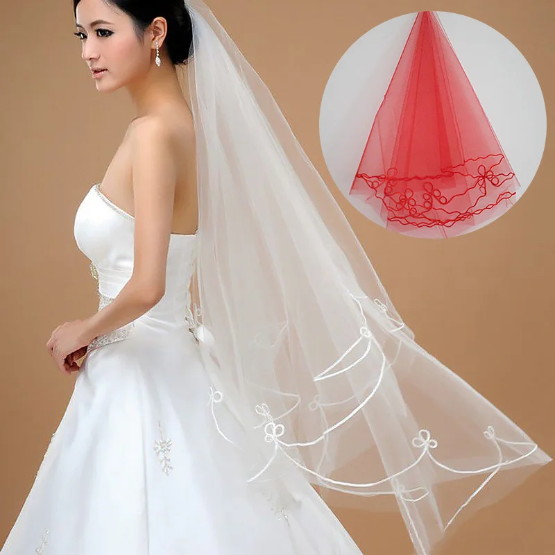 Single Layer Women Short Sheer Mesh Tulle Wedding Veil White Red Applique Patchwork Trim Wavy Solid Color Bridal Veil