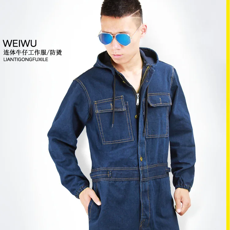 Denim Coverall safety Welding Suit Labor Protective Clothes Auto Repairman Workwear Mechanical hooded denim Unfirom overalls 4XL