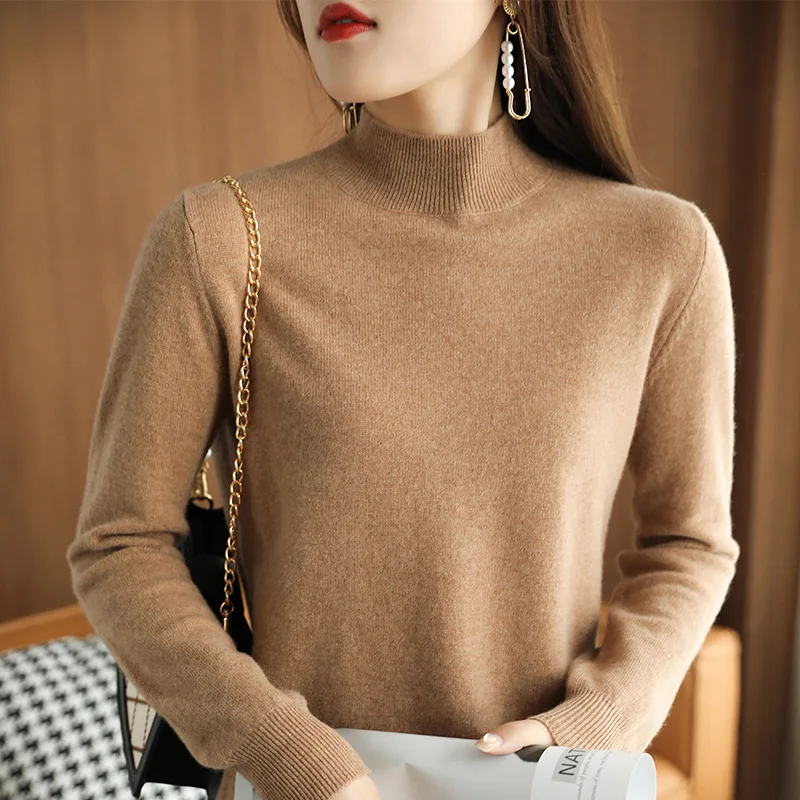 23Autumn Winter New Half Turtleneck Sweater Women\'s Large Size Loose Basic Pure Color Wild Knitted Bottoming Shirt Soft Stretch