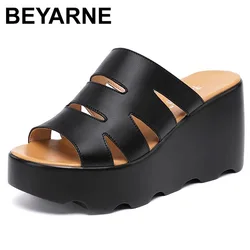 BEYARNEPlus SIze Wavy Heel Platform SLippers Women Shoes Summer Open Head High Heels Wedges Slippers Ladies Slides