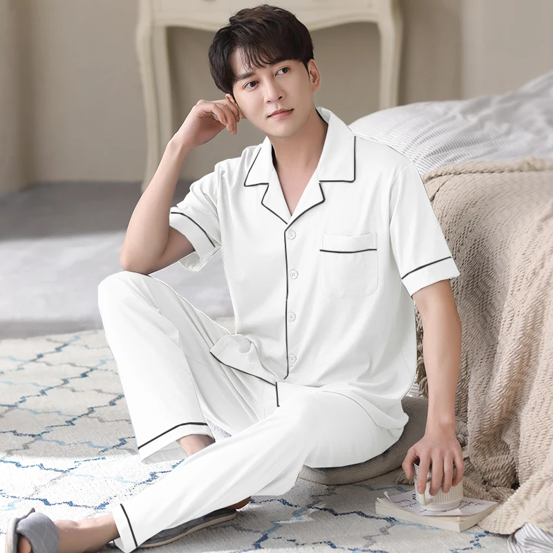 Summer Men Pajama Set Cotton Sleepwear White Pijama Hombre Nightwear 2Pcs PJ Homeclothes 2021 New Cotton Pyjama Homme Plus Size