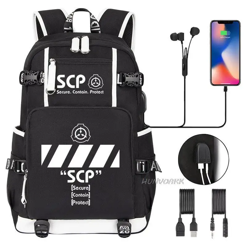 SCP Foundation Backpack Black Bookbag Cartoon School Bags for Teenage Kids SCP Travel Bagpack USB Laptop Shoulder Bags