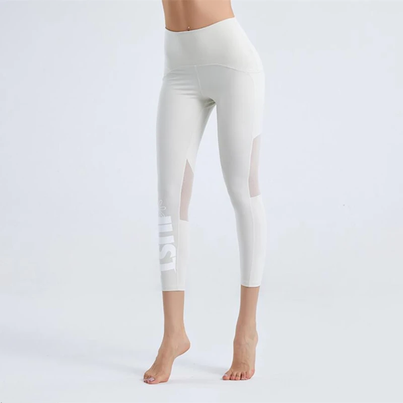 Summer New Tight Yoga Pants Female Mesh Stitching Pilates Leggings Letter Printing Elastic Thin Running Fitness Leggings Women