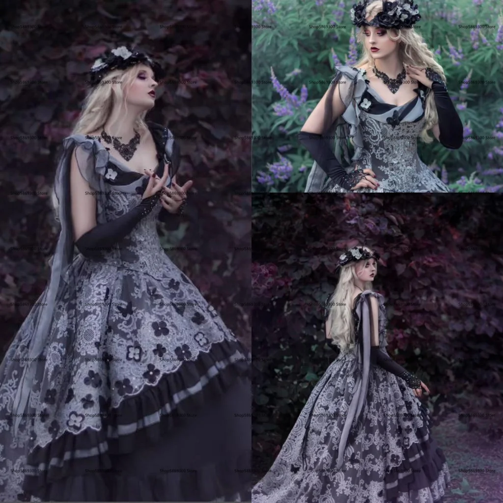 Grey Black Lace Gothic Evenig Dresses 2022 Mystic Garden Butterfly Lace-up Corset Top Renaissance Halloween Cosplay Prom Dress